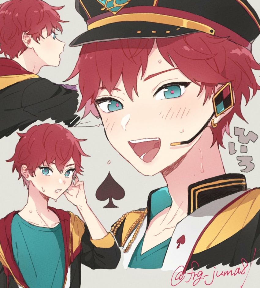 1boy amagi_hiiro blue_eyes ear_piercing ensemble_stars! grey_background hair_between_eyes hat high_collar highres hood hooded_jacket jacket juma_(wolf81gizinka) japanese_text male_focus microphone open_clothes open_jacket open_mouth piercing red_hair shirt short_hair simple_background solo spade_(shape) sweat twitter_username
