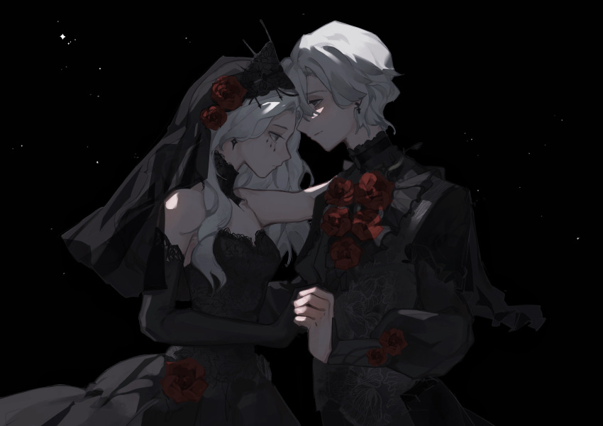 1boy 1girl absurdres ada_mesmer ada_mesmer_(everlasting_night) black_background black_capelet black_collar black_dress black_gloves black_shirt black_veil capelet collar cross cross_earrings dress dress_flower earrings elbow_gloves emil_(identity_v) emil_(luminary)_(identity_v) eye_contact facial_mark flower flower_ornament from_side gloves grey_eyes grey_vest hair_between_eyes hair_flower hair_ornament hand_on_another&#039;s_shoulder highres holding_hands identity_v jewelry lace lace-trimmed_dress lace-trimmed_gloves lace_trim ladyl1zan light_particles light_smile long_hair long_sleeves looking_at_another official_alternate_costume parted_bangs profile puffy_long_sleeves puffy_sleeves red_flower red_rose rose shirt short_hair strapless strapless_dress upper_body veil vest wavy_hair white_hair