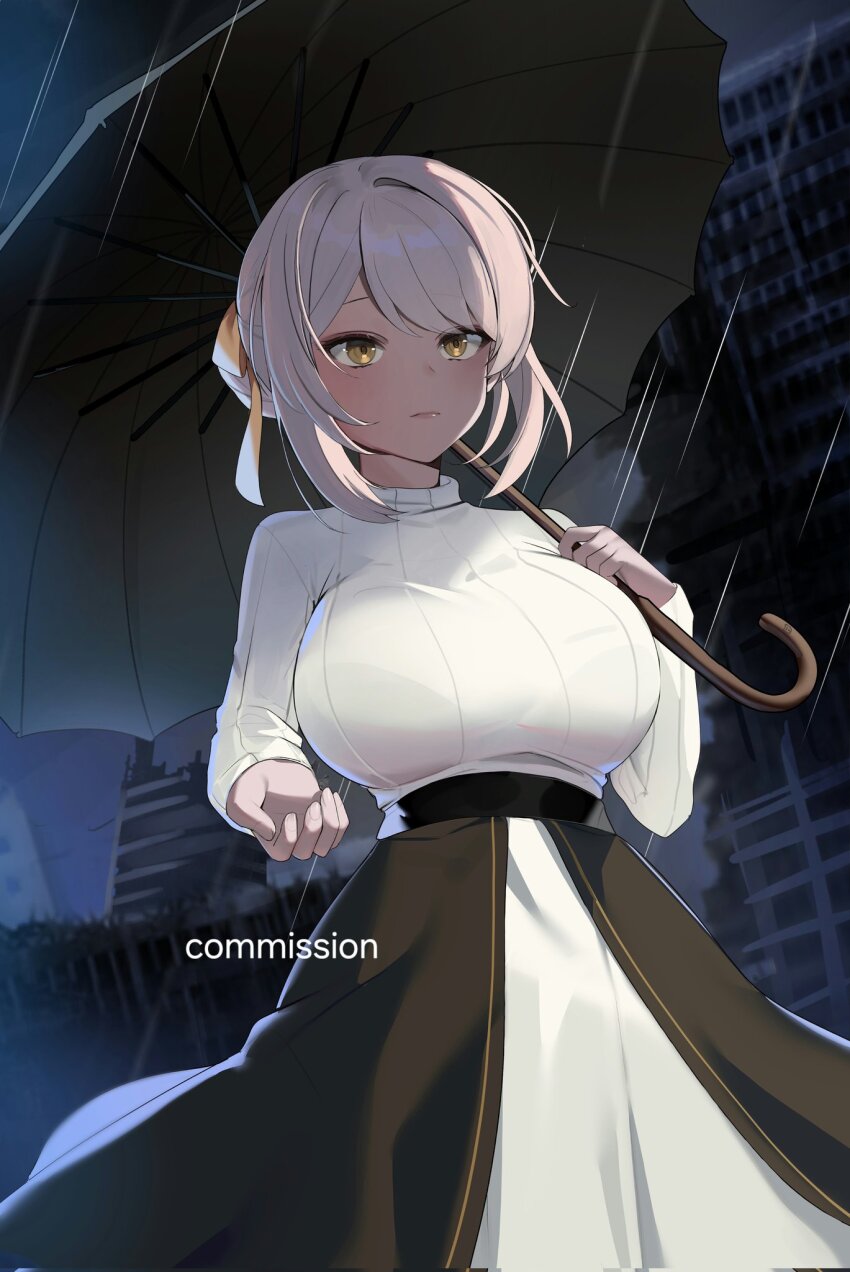 1girl black_skirt breasts building closed_mouth commission corrupted_twitter_file grey_hair hair_ribbon highres holding holding_umbrella indie_virtual_youtuber large_breasts long_sleeves orange_ribbon park_dona rain ribbed_sweater ribbon ropu_(ropu_10) short_hair skirt solo sweater umbrella virtual_youtuber white_sweater yellow_eyes