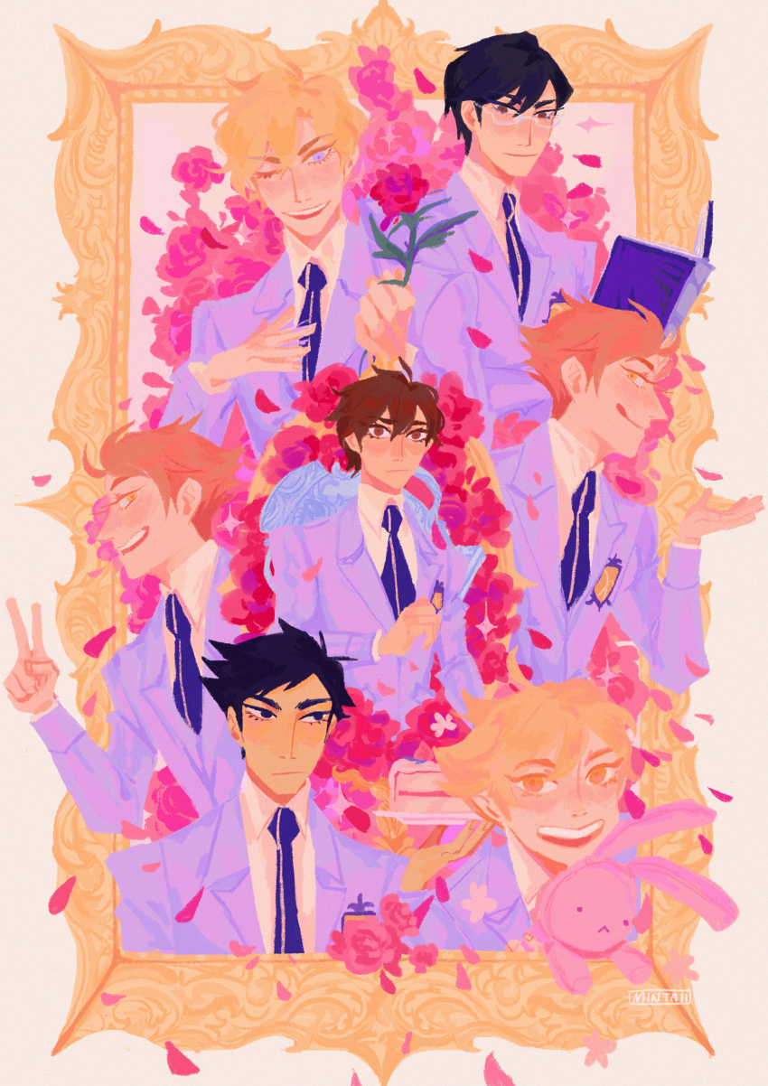 1girl 6+boys absurdres androgynous arm_up black_eyes black_hair black_necktie blonde_hair blue_eyes blue_suit book brothers brown_eyes brown_hair closed_mouth collared_jacket collared_shirt falling_petals flower formal_clothes fujioka_haruhi glasses grin hair_between_eyes hand_on_own_chest haninozuka_mitsukuni highres hitachiin_hikaru hitachiin_kaoru holding holding_book jacket looking_to_the_side male_harem morinozuka_takashi multiple_boys necktie one_eye_closed ootori_kyouya open_mouth ouran_high_school_host_club petals picture_frame rabbit red_flower red_hair red_rose rimless_eyewear rose shirt short_hair siblings sideways_glance sitting smile sparkle spearmintaii stuffed_toy suit suit_jacket suou_tamaki teeth tongue tongue_out twins twitter_username upper_teeth_only v white_background white_shirt wing_collar yellow_eyes