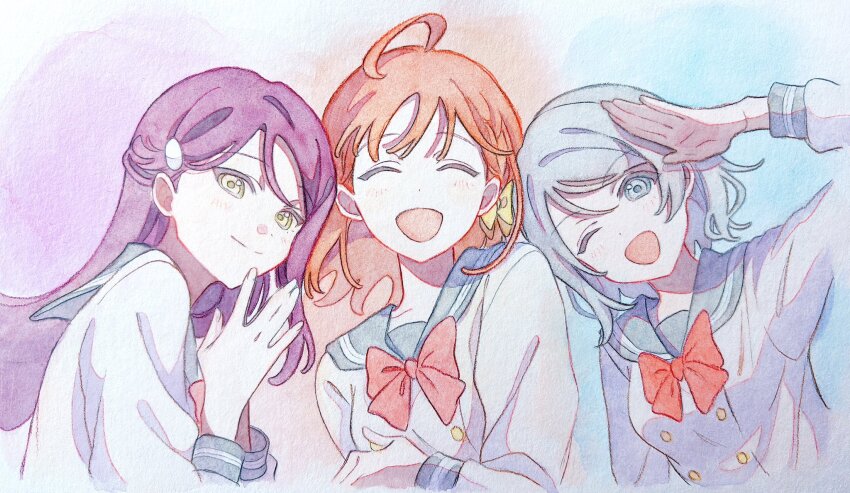 3girls :d ;d ^_^ ahoge blue_background blush bow bowtie braid breasts buttons closed_eyes closed_mouth commentary double-breasted facing_viewer grey_eyes grey_hair grey_sailor_collar hair_bow highres leaning_to_the_side long_hair long_sleeves looking_at_viewer love_live! love_live!_sunshine!! medium_breasts medium_hair multiple_girls one_eye_closed open_mouth orange_background orange_hair own_hands_together parted_bangs pato_(ptro) purple_background red_bow red_bowtie red_hair sailor_collar sakurauchi_riko salute school_uniform serafuku shirt short_hair side_braid smile split_mouth takami_chika upper_body uranohoshi_school_uniform watanabe_you white_shirt winter_uniform yellow_bow yellow_eyes