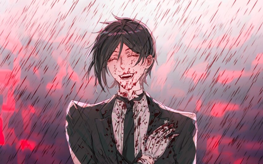 1boy black_hair black_suit blood ena33333333 eyelashes formal_clothes gloves hair_between_eyes highres kuroshitsuji male_focus pale_skin sebastian_michaelis shirt short_hair smile suit victorian white_gloves
