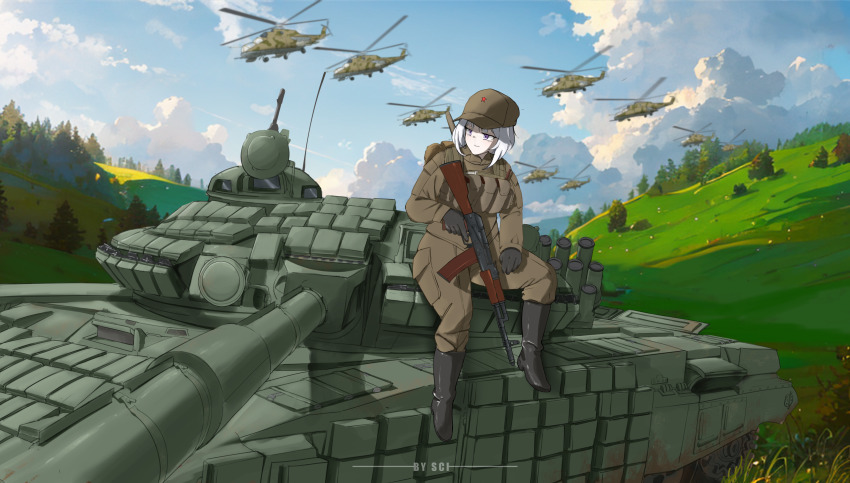 1girl absurdres aircraft ak-74 ammunition_pouch assault_rifle attack_helicopter barrel baseball_cap black_footwear black_gloves cold_war foreshortening gloves grass gun hat helicopter highres hill kalashnikov_rifle mi-24 military_uniform military_vehicle motor_vehicle original pouch reactive_armor red_star rifle sci_(31134306) solo soviet_army star_(symbol) t-72 tank tree weapon white_hair yellow_eyes