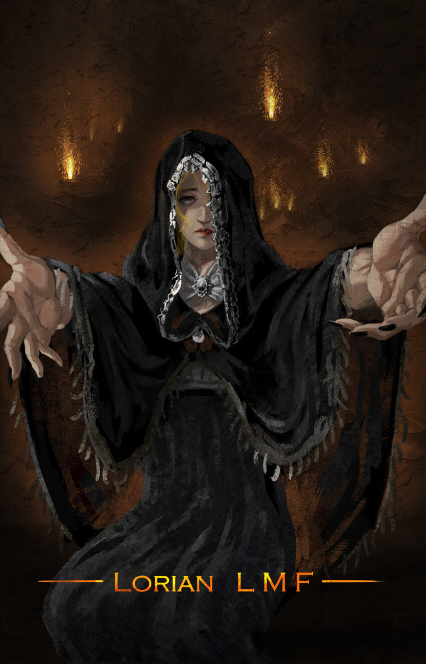 1girl absurdres arms_up artist_name biting_own_lip black_dress black_nails blonde_hair bow bowtie commentary dress elden_ring english_commentary fia_the_deathbed_companion fire highres hooded_dress hug looking_at_viewer lorianlmf one_eye_covered reaching sitting solo torch white_bow white_bowtie white_trim