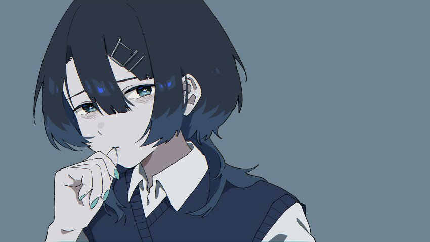 1girl absurdres bags_under_eyes biting blue_background blue_eyes blue_hair blue_nails blue_sweater_vest collared_shirt colored_tips commentary_request furrowed_brow hair_between_eyes hair_ornament hair_over_shoulder hairclip half-closed_eyes hand_up highres kamitsubaki_studio karada_wa_shoujiki_datte_itten_no_(vocaloid) long_hair looking_at_viewer multicolored_hair nail_biting pale_skin parted_lips portrait shirt simple_background sinsekai_record solo soma_michiko sooda_(sinsekai) sweater_vest virtual_youtuber white_shirt wolf_cut