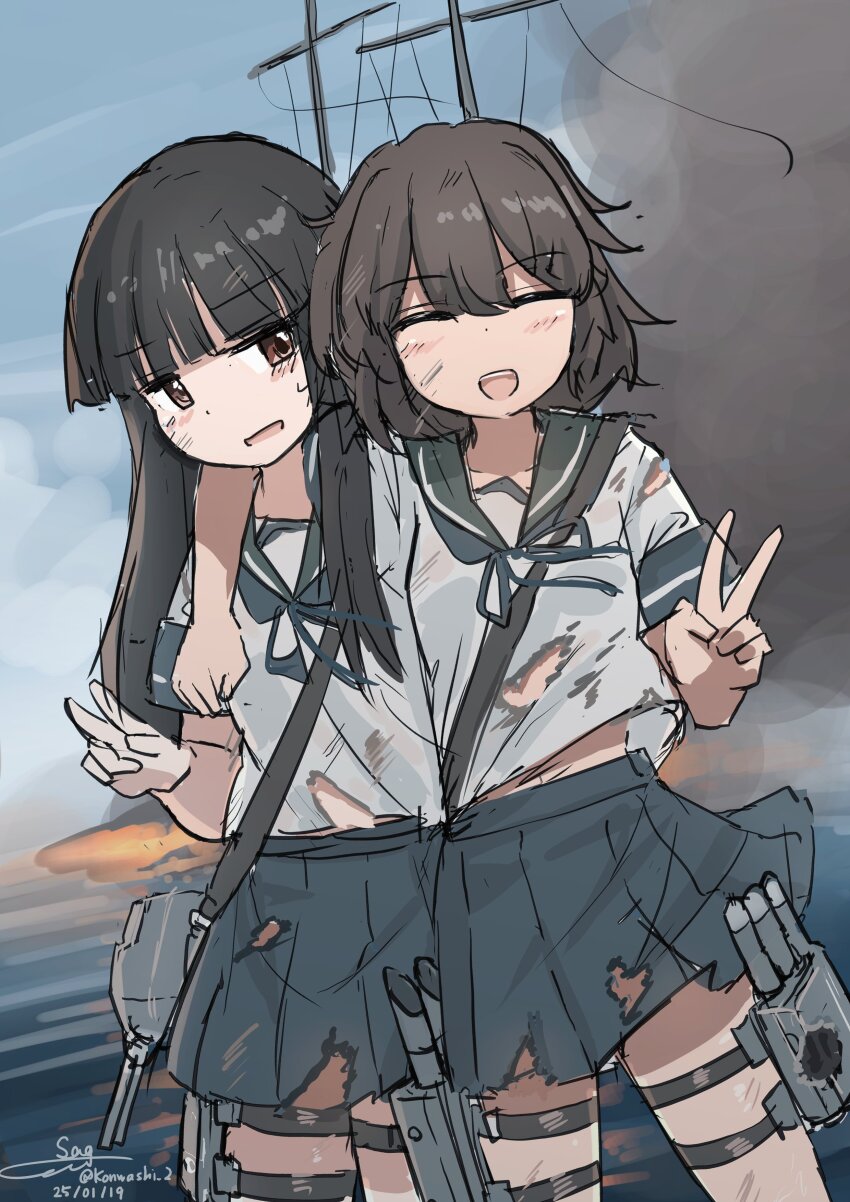 2girls :d absurdres arm_around_neck black_hair blue_neckerchief blue_skirt blunt_bangs blush brown_eyes brown_hair closed_eyes collarbone commentary_request cowboy_shot damaged dated double-parted_bangs dutch_angle fire green_sailor_collar hair_between_eyes hatsuyuki_(kancolle) highres kantai_collection long_hair long_sideburns mast medium_hair midriff_peek miyuki_(kancolle) multiple_girls neckerchief ocean one-hour_drawing_challenge open_mouth outdoors pleated_skirt rigging sailor_collar ship_turret shirt short_sleeves shoulder_strap sideburns signature sketch skirt smile smoke standing tearing_up teeth teisei_misagi thigh_strap torn_clothes torpedo_launcher twitter_username upper_teeth_only v water white_shirt