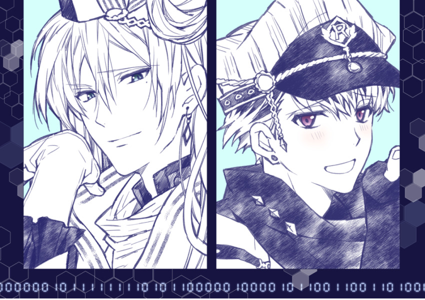 2boys aqua_eyes arm_belt arm_warmers binary blue_background blue_theme cabbie_hat closed_mouth collared_shirt commentary_request diamond_earrings earrings fingernails hair_between_eyes hand_in_own_hair hand_up happy hat high_collar idol idolish7 jewelry light_blush long_hair male_focus military_hat mole mole_under_eye momo_(idolish7) monochrome multiple_boys open_mouth purple_eyes scarf shirt smile spot_color stud_earrings tanemura_arina upper_body yuki_(idolish7)