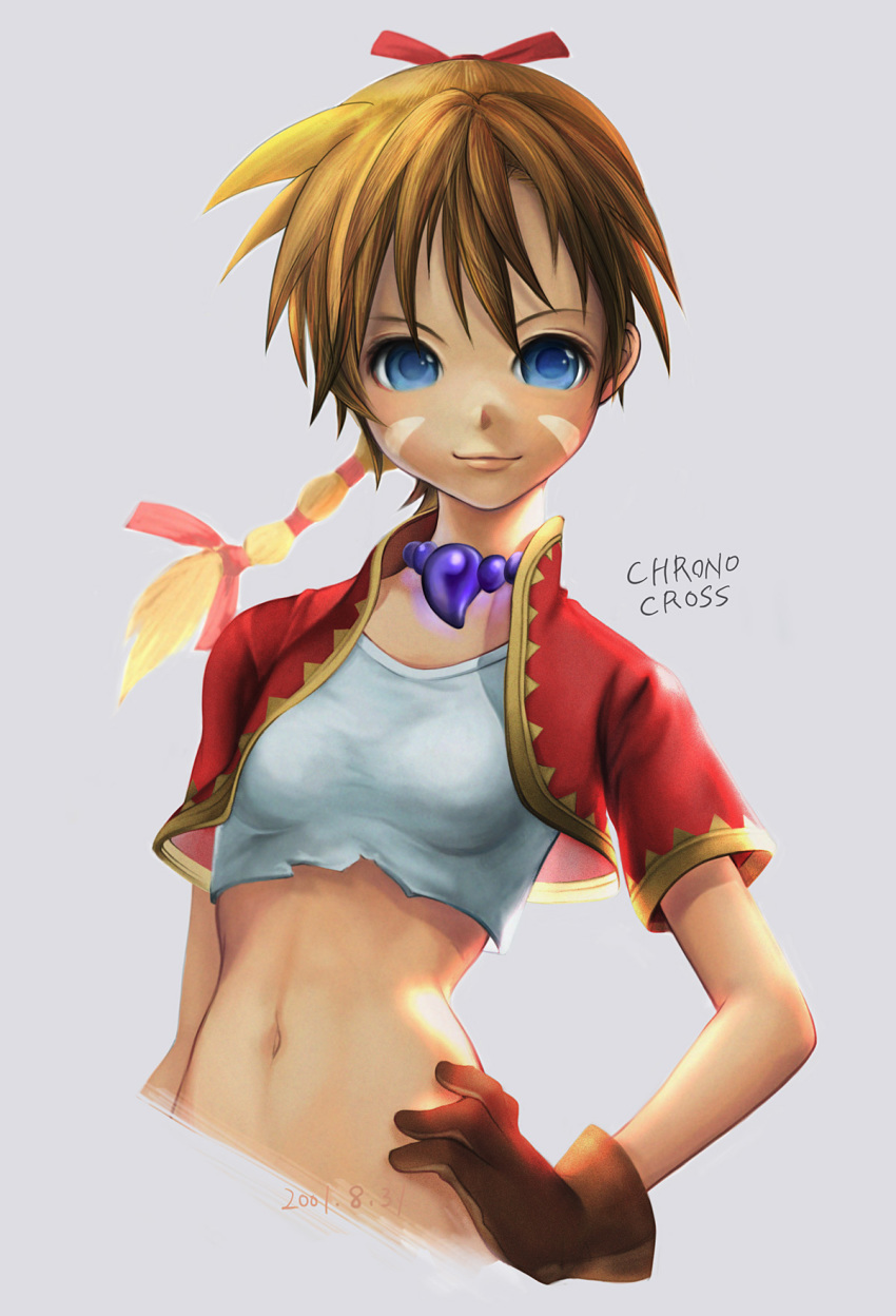 1girl blonde_hair blue_eyes braid breasts chrono_cross female_focus gloves highres jewelry kari_kenji kid_(chrono_cross) long_hair midriff multi-tied_hair navel necklace ponytail single_braid smile solo vest