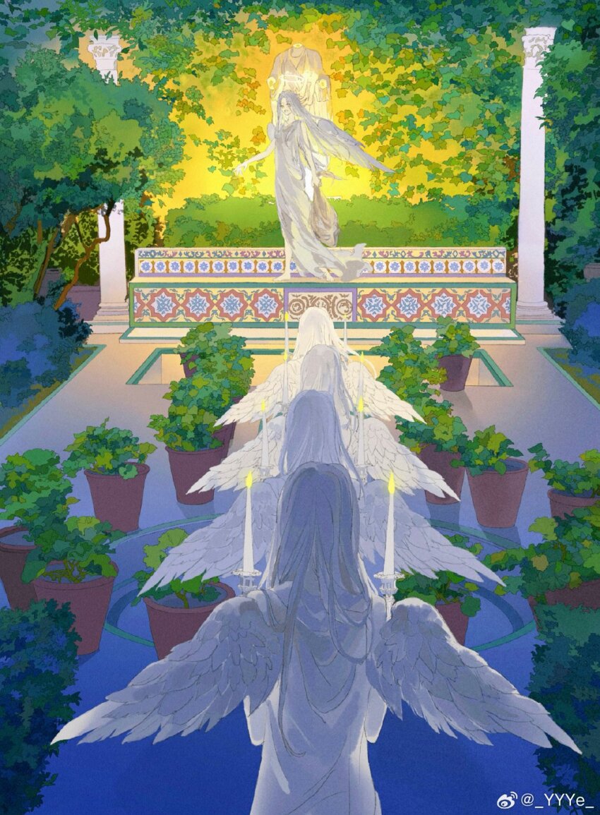 5girls angel angel_wings bare_arms bare_shoulders barefoot brown_eyes candle chinese_commentary commentary_request dress feathers fire from_behind garden greco-roman_clothes highres holding holding_candle lineup long_dress long_hair multiple_girls open_mouth original outdoors pale_skin pillar plant potted_plant sky sleeveless sleeveless_dress smile standing statue sunrise watermark weibo_watermark white_dress white_hair white_wings wings ye_(ran_chiiipye) yellow_sky