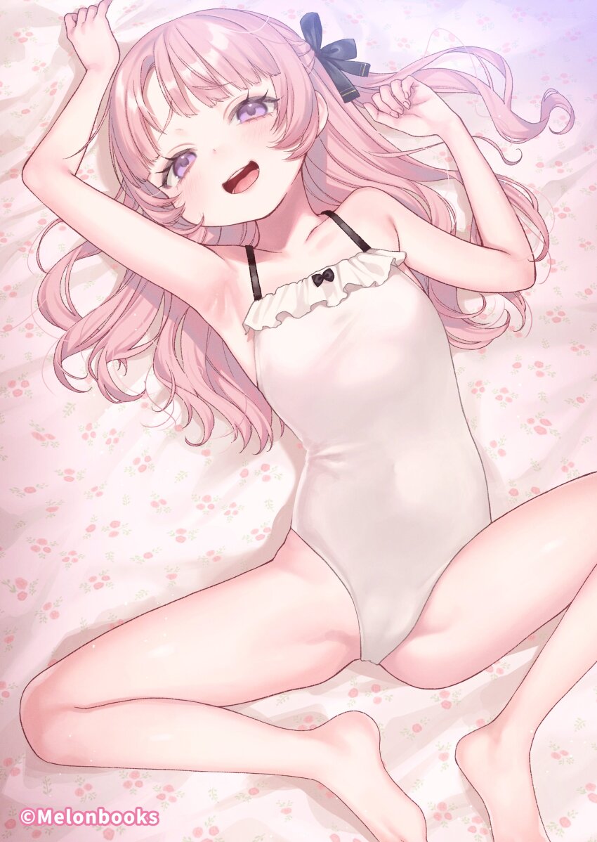 1girl absurdres armpits barefoot blush casual_one-piece_swimsuit commentary_request dancho_(dancyo) flat_chest highres long_hair looking_at_viewer lying melonbooks on_back one-piece_swimsuit original pink_hair purple_eyes smile smug solo spread_legs swimsuit white_one-piece_swimsuit