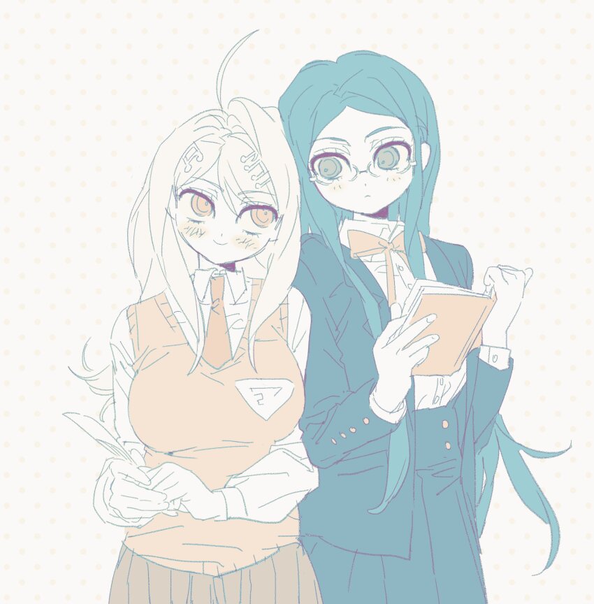 2girls akamatsu_kaede blonde_hair blue_hair blue_jacket blue_skirt blush book bow bowtie breasts brown_skirt collared_shirt commentary_request cowboy_shot danganronpa_(series) danganronpa_v3:_killing_harmony glasses grey_eyes head_on_another&#039;s_shoulder high-waist_skirt highres holding holding_book holding_pen jacket large_breasts laz_(wancchaco) long_hair long_sleeves looking_at_another multiple_girls musical_note muted_color necktie open_book orange_bow orange_bowtie orange_necktie orange_vest pen pink_eyes pleated_skirt polka_dot polka_dot_background shirogane_tsumugi shirt skirt smile vest white_background white_shirt