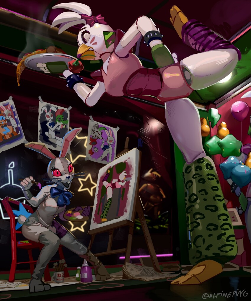 2girls alpineping animal_costume animal_ears bow bracelet chair color_guide colored_sclera fake_animal_ears fake_tail fake_whiskers five_nights_at_freddy&#039;s five_nights_at_freddy&#039;s:_security_breach flower flower_in_mouth food glamrock_chica hair_bow hand_on_own_hip highres holding holding_food holding_paintbrush holding_pizza holding_plate jewelry multiple_girls on_chair paintbrush pink_bow pizza pizza_slice plate portrait_(object) purple_eyes rabbit_ears red_sclera robot sitting spiked_bracelet spikes standing standing_on_one_leg tail vanny_(fnaf)