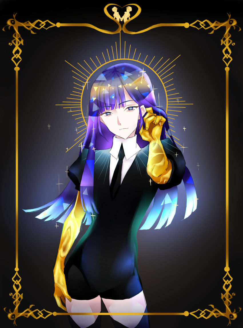1other absurdres black_jacket black_necktie black_shorts blue_eyes blue_hair blunt_bangs commentary english_commentary gem_uniform_(houseki_no_kuni) gold gold_hands gradient_hair highres houseki_no_kuni jacket long_hair looking_at_viewer meganemeat multicolored_hair necktie other_focus phosphophyllite_(ll) puffy_sleeves shirt short_shorts shorts solo sparkle standing white_shirt
