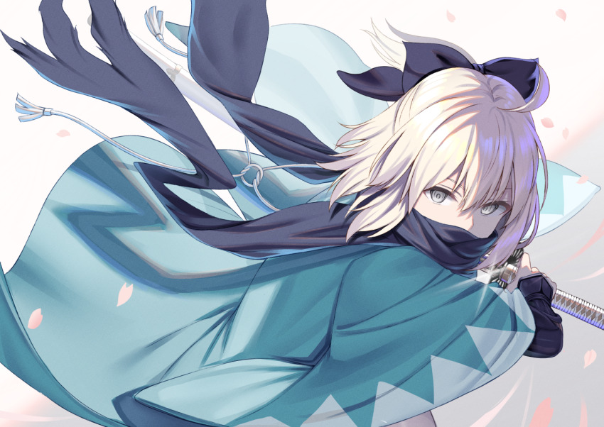 1girl ahoge blonde_hair bow drawing_sword fate/grand_order fate_(series) grey_eyes hair_bow haori holding holding_sword holding_weapon japanese_clothes kanikou katana okita_souji_(fate) okita_souji_(koha-ace) petals ponytail scarf short_ponytail sword weapon wide_sleeves