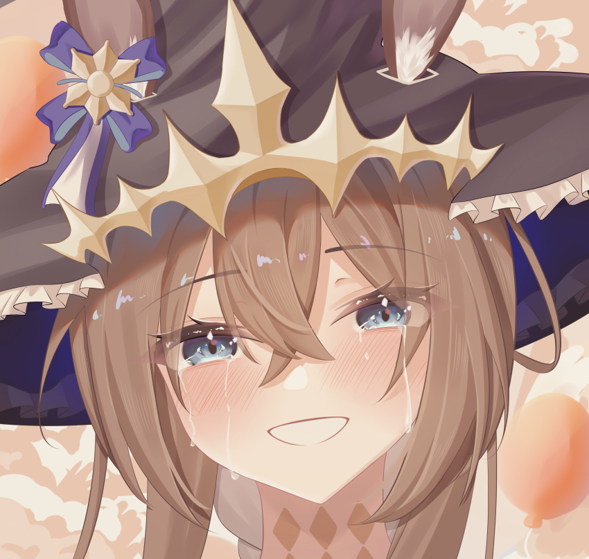 1girl :d absurdres airtair ambience_synesthesia amiya_(arknights) amiya_(medic)_(arknights) amiya_(medic)_(solo_around_the_world)_(arknights) animal_ears arknights balloon black_hat blue_eyes blush bow brown_hair chinese_commentary close-up commentary_request crossed_bangs crying crying_with_eyes_open ear_bow ears_through_headwear eyes_visible_through_hair frilled_hat frills grin hair_between_eyes happy happy_tears hat highres looking_at_viewer official_alternate_costume open_mouth portrait purple_bow smile solo tears witch_hat