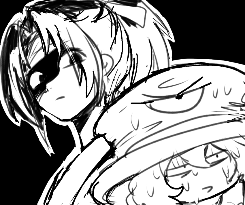 2others androgynous bags_under_eyes black_background bow closed_mouth collared_shirt enraku_tsubakura expressionless eye_of_senri greyscale hair_bow hat hemo_(hemoroda) jinbei_(clothes) jinbei_(len&#039;en) jitome len&#039;en monochrome multiple_others nervous_smile nervous_sweating open_mouth other_focus outline ponytail shaded_face shirt simple_background sketch smile sweat top_hat upper_body white_outline