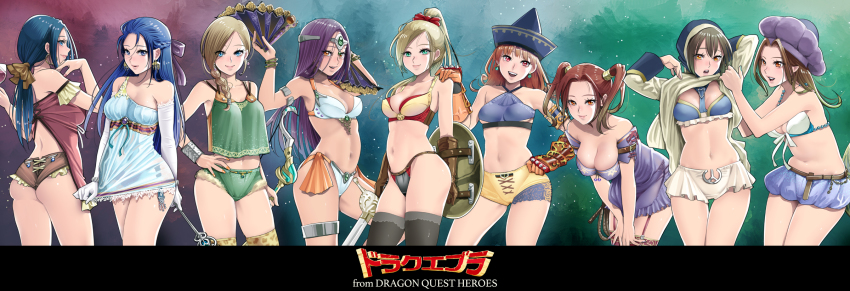 6+girls alcohol alena_(dq4) ass belt bianca_(dq5) bikini bikini_top_only blonde_hair blue_eyes blue_hair blush bow bow_(weapon) bracelet braid braided_updo breasts brown_eyes brown_hair character_request circlet cleavage cup dragon_quest dragon_quest_heroes dragon_quest_iv dragon_quest_v dragon_quest_viii dress drinking_glass earrings elbow_gloves flora_(dq5) folding_fan gloves green_eyes green_hair hair_bow half_updo hand_fan hat hayakawa_pao highres hood jessica_albert jewelry julietta_(dqh) large_breasts leaning_forward legband long_hair manya_(dq4) meer_(dqh) midriff multiple_girls navel open_mouth pointy_ears ponytail purple_hair red_eyes ruida shield shorts smile swimsuit sword thigh_gap thighhighs thighlet twintails underboob wand weapon wine wine_glass zettai_ryouiki