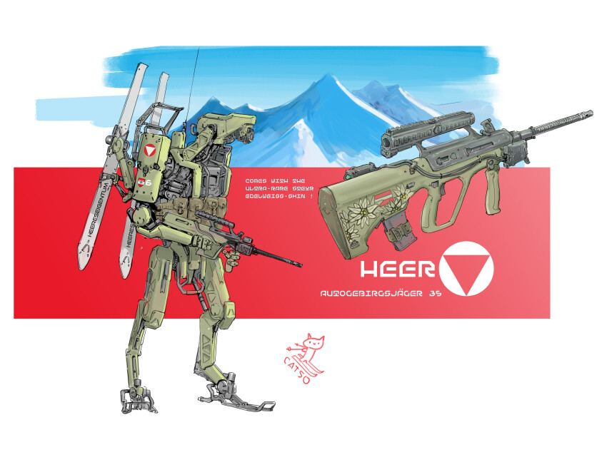 absurdres army artist_logo assault_rifle austrian_army bullpup cable commentary concept_art english_commentary english_text gun highres laser_sight logo machinery mecha mecha_focus mountain no_humans original patso_catso radio_antenna rifle robot roundel science_fiction scope signature sketch skiing snow steyr_aug weapon