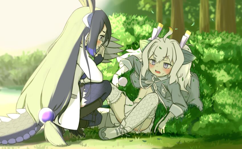 2girls animal_ears black_dragon_(kemono_friends) black_footwear black_gloves black_hair black_skirt blue_hair blue_shirt blue_thighhighs blush boots breast_pocket coat dragon_ears dragon_girl dragon_tail extra_ears fangs fingerless_gloves frilled_thighhighs frills garter_straps gloves grey_shirt hair_between_eyes highres japari_symbol kemono_friends lab_coat long_hair long_sleeves midriff_peek multicolored_hair multiple_girls onefiresticks open_clothes open_coat open_mouth pleated_skirt pocket purple_eyes scales shirt short_hair sidelocks skirt sleeves_rolled_up squatting sweatdrop tail thighhighs white_coat white_dragon_(kemono_friends) white_footwear white_gloves white_hair white_skirt white_thighhighs zettai_ryouiki