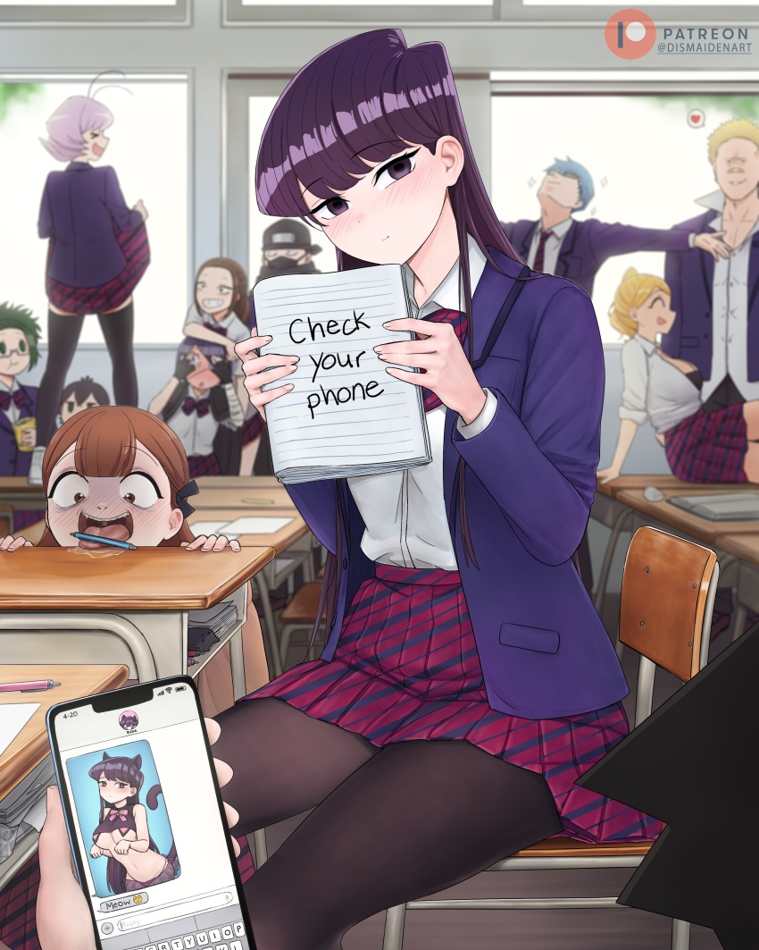 1other 5boys 6+girls absurdres agari_himiko animal_ears bandaid bandaid_on_face bandaid_on_nose black_hair black_jacket black_pantyhose blazer blonde_hair blue_hair bow brown_eyes brown_hair cat_ears cat_tail cellphone chair character_request classroom clothes_lift collared_shirt desk diagonal-striped_bow diagonal-striped_clothes diagonal-striped_skirt dismaiden english_text glasses green_hair gyaru heart highres holding holding_notebook indoors itan_private_high_school_uniform jacket katai_makoto kometani_chushaku komi-san_wa_komyushou_desu komi_shouko lifting_own_clothes manbagi_rumiko multiple_boys multiple_girls nakanaka_omoharu naruse_shisuto notebook on_chair on_desk onemine_nene osana_najimi_(komi-san_wa_komyushou_desu) pantyhose patreon_logo patreon_username pen phone purple_eyes purple_hair revealing_clothes saliva school_chair school_desk school_uniform shirt sitting skirt skirt_lift smartphone spoken_heart striped_clothes tadano_hitohito tail tongue tongue_out white_shirt window yamai_ren