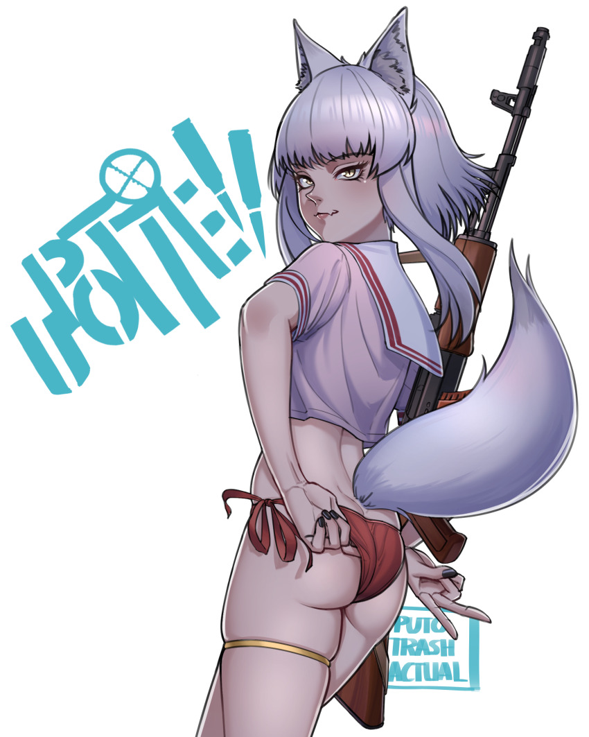 1girl absurdres adjusting_clothes adjusting_swimsuit ak-74 ak-74_(upotte!!) animal_ear_fluff animal_ears artist_name ass assault_rifle back bikini black_nails butt_crack copyright_name cowboy_shot crop_top crosshair fox_ears fox_girl fox_tail from_behind gun gun_on_back highres jewelry kalashnikov_rifle light_smile logo looking_at_viewer looking_back medium_hair nail_polish no_pants puto_trash red_bikini rifle sailor_collar sailor_shirt school_uniform shirt side-tie_bikini_bottom sidelocks simple_background skindentation slit_pupils solo standing swimsuit tail thighlet upotte!! v weapon weapon_on_back white_background white_hair white_tail yellow_eyes