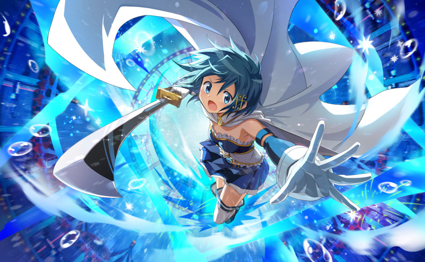 1girl armlet artist_request attack bare_shoulders belt belt_buckle blue_belt blue_boots blue_eyes blue_gemstone blue_hair blue_shirt blue_skirt blue_sleeves boots bubble buckle cape clothing_cutout collared_cape detached_sleeves determined floating_cape floating_clothes floating_hair fortissimo frilled_shirt frills full_body game_cg gem gloves gold_buckle hair_between_eyes hair_ornament hairclip high_collar highres holding holding_sword holding_weapon jewelry light_particles long_sleeves looking_at_viewer magic magical_girl mahou_shoujo_madoka_magica mahou_shoujo_madoka_magica_magia_exedra miki_sayaka miki_sayaka_(magical_girl) miniskirt musical_note musical_note_hair_ornament official_art outstretched_arm pleated_skirt shirt short_hair skirt solo stomach_cutout stomach_jewel strapless strapless_shirt sword tareme thigh_belt thigh_strap thighhighs third-party_source two-tone_shirt weapon white_cape white_gloves white_shirt white_thighhighs witch&#039;s_labyrinth