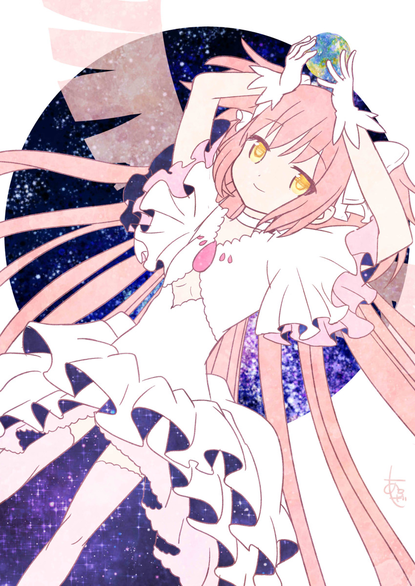1girl absurdly_long_hair absurdres arms_up aroze bow chest_jewel choker circle closed_mouth clothing_cutout commentary_request cowboy_shot diamond_cutout dot_nose dress earth_(planet) frilled_dress frilled_sleeves frills gem gloves hair_bow highres holding_planet kaname_madoka long_dress long_hair looking_at_viewer mahou_shoujo_madoka_magica mahou_shoujo_madoka_magica_(anime) pink_gemstone pink_hair pink_thighhighs planet ribs short_sleeves signature smile solo space space_print starry_sky_print thighhighs tsurime two-sided_dress two-sided_fabric two_side_up ultimate_madoka very_long_hair white_background white_bow white_choker white_dress white_gloves yellow_eyes