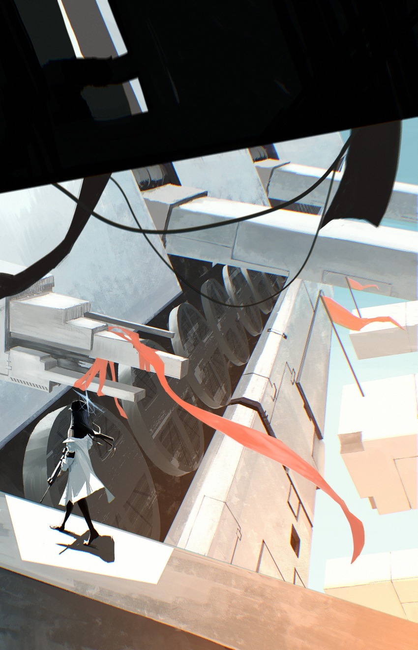 1girl absurdres armband assault_rifle baseball_cap black_armband black_hair blue_archive coat coat_partially_removed commentary_request day flag gun halo hat highres holding holding_gun holding_weapon kani_etizen03 long_hair machine megastructure rifle saori_(blue_archive) scenery science_fiction sig_516 sig_sauer solo walking weapon white_coat wire