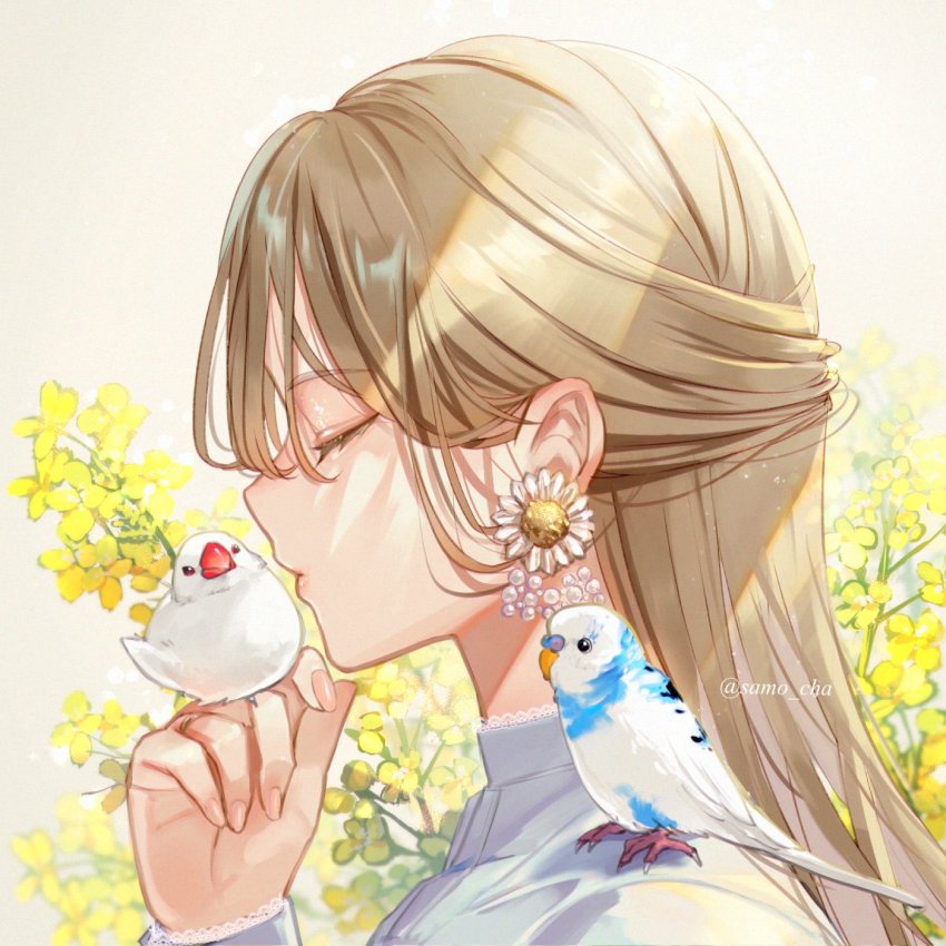 1girl animal animal_on_shoulder bird bird_on_hand bird_on_shoulder brown_hair budgerigar_(bird) closed_mouth daisy_(flower) earrings eyebrows_hidden_by_hair flower flower_earrings frilled_sleeves frills from_side half_updo high_collar highres java_sparrow jewelry light_rays long_hair long_sleeves object_kiss original profile samo_cha shirt solo sparrow upper_body white_bird white_java_sparrow white_shirt yellow_flower