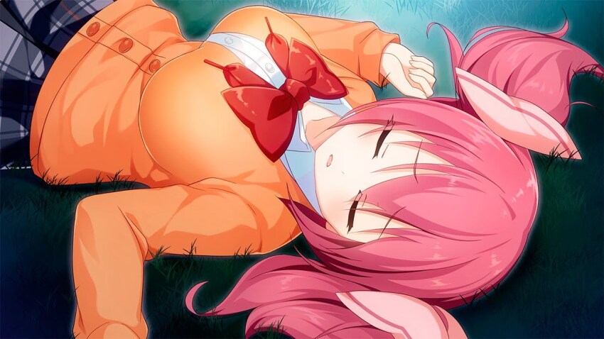 1girl bow bowtie breasts closed_eyes huge_breasts long_sleeves lying moe!_ninja_girls momochi_myu official_art on_back on_grass open_mouth outdoors pink_hair red_bow red_bowtie school_uniform second-party_source short_twintails skirt sleeping sleeves_past_wrists solo twintails