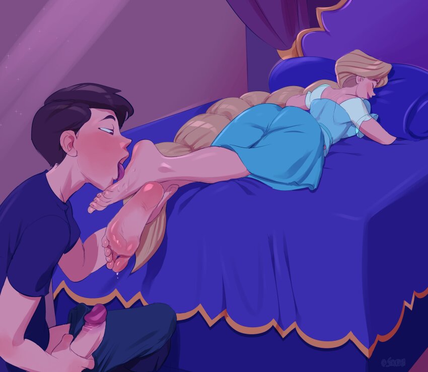 1boy 1girl absurdres ass blonde_hair disney feet foot_focus licking_foot foot_worship highres licking_foot long_hair masturbation original rapunzel_(disney) saliva sleep_molestation sleeping soles staerk tangled very_long_hair