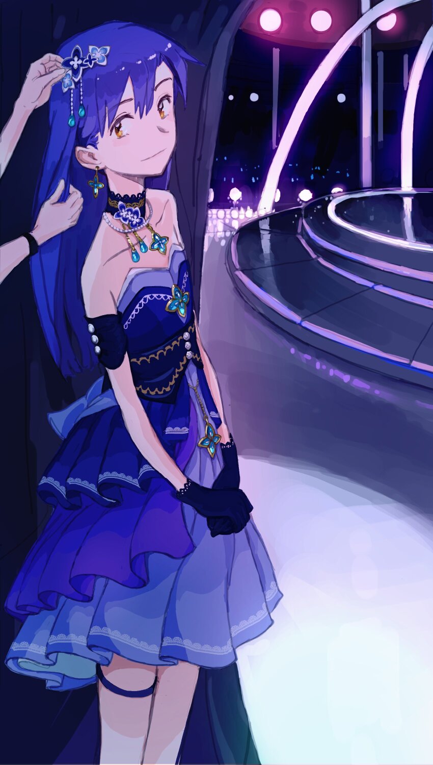 1girl 1other absurdres adjusting_another&#039;s_hair armlet blue_choker blue_dress blue_gloves blue_hair brooch brown_eyes choker collarbone commentary curtains dress earrings english_commentary feason garter_belt gloves hair_ornament highres idol idol_clothes idolmaster jewelry kisaragi_chihaya kisaragi_chihaya_(brilliant_diva) long_hair looking_at_viewer own_hands_together sleeveless sleeveless_dress stage standing