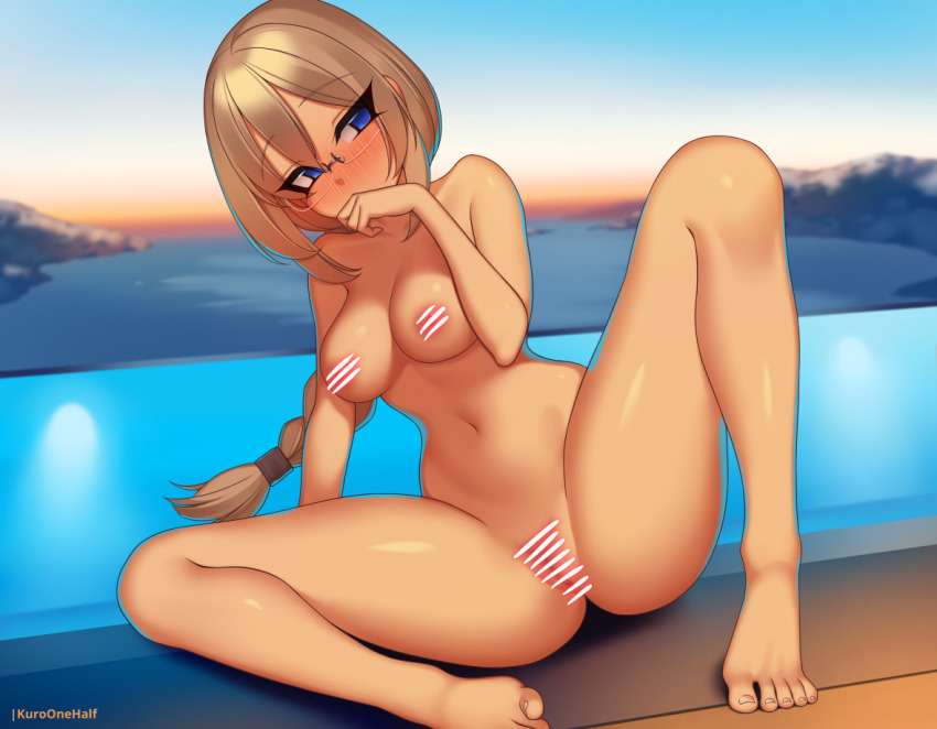 1girl arm_support bar_censor barefoot blue_eyes blush borrowed_character braid breasts brown_hair censored collarbone covering_own_mouth dock glasses kuroonehalf lake long_hair looking_at_viewer medium_breasts mountain navel nipples nude original pussy sitting sky spread_legs water
