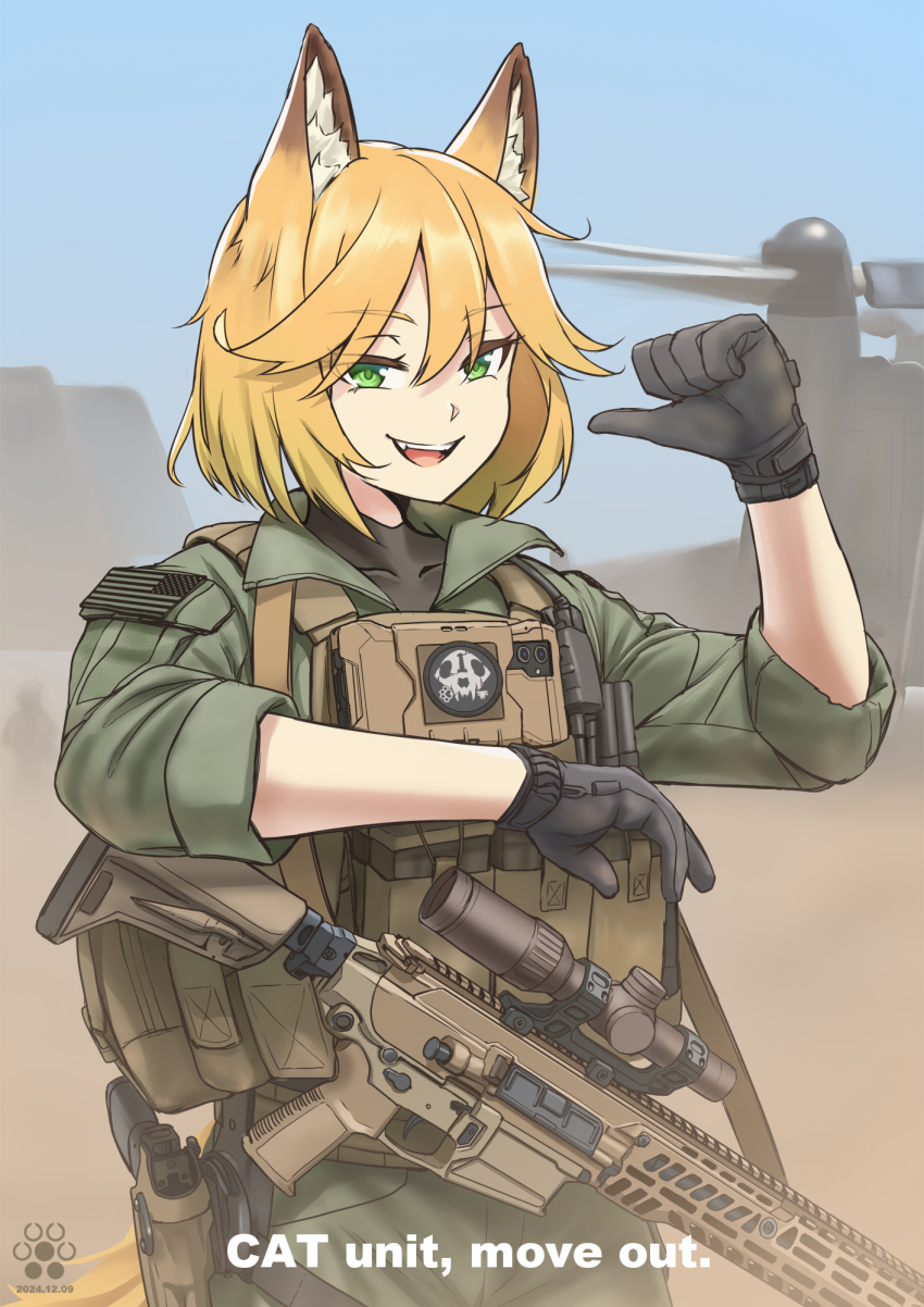 1girl :d aircraft ammunition_pouch animal_ear_fluff animal_ears arm_up assault_rifle black_gloves blonde_hair blurry blurry_background bulletproof_vest english_text eyes_visible_through_hair fox_ears fox_girl fox_tail gloves green_eyes green_jacket green_pants gun hair_between_eyes half-closed_eyes hand_up handgun helicopter highres holster holstered jacket jpc looking_at_viewer open_mouth original pants pointing pointing_at_self pouch rifle scope short_hair sleeves_rolled_up smile solo tactical_clothes tail teeth upper_body upper_teeth_only weapon weapon_request