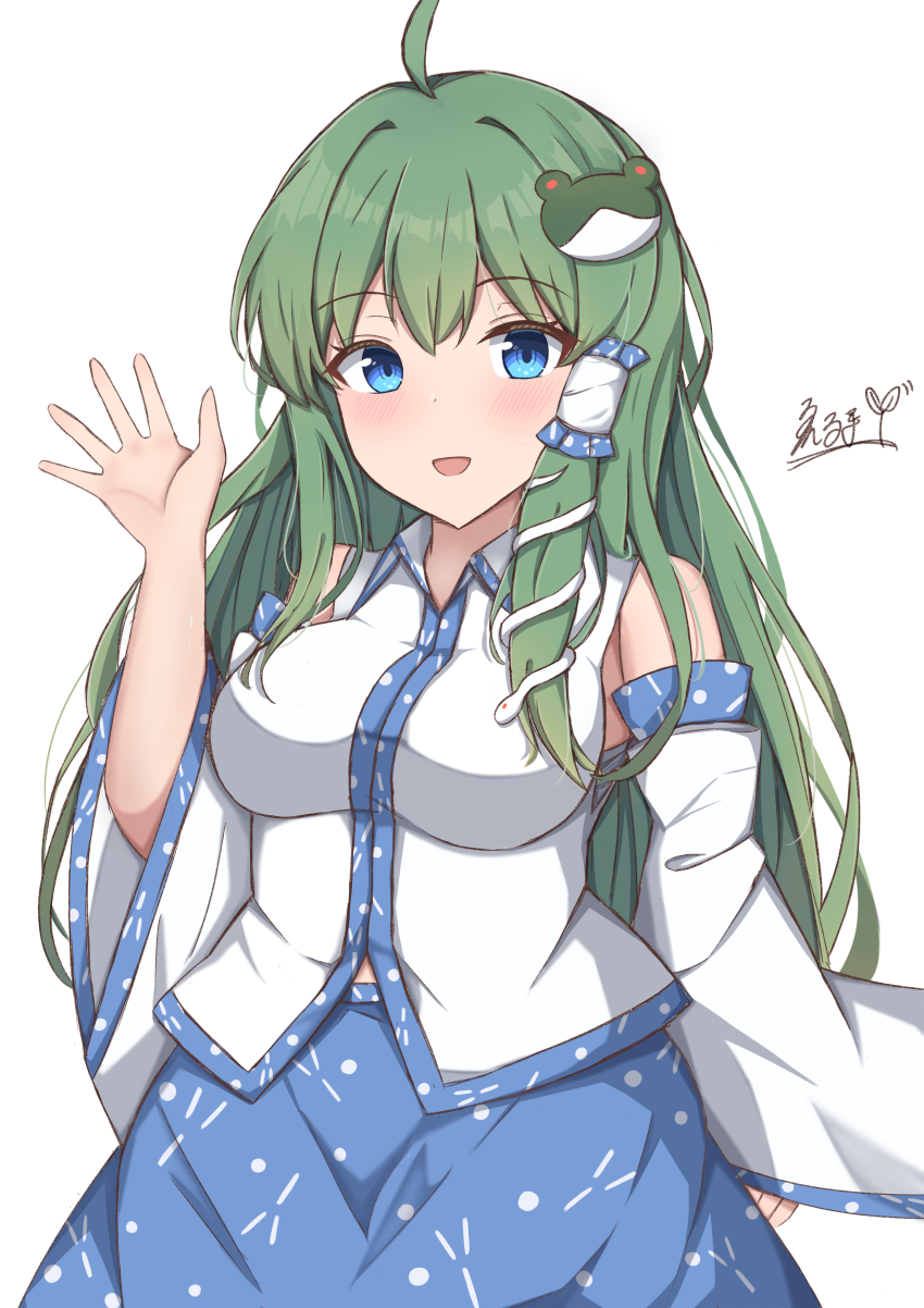 1girl absurdres ahoge bare_shoulders blue_eyes blue_skirt breasts collared_shirt detached_sleeves erumaday00 frog_hair_ornament green_hair hair_ornament hair_tubes hand_up highres kochiya_sanae light_blush long_hair looking_at_viewer medium_breasts open_mouth shirt sidelocks simple_background single_hair_tube skirt smile snake_hair_ornament solo touhou upper_body waving white_background