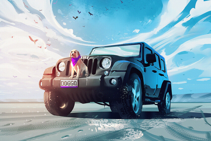 bird black_eyes car cloud commentary dog english_commentary flying highres jeep_(company) jeep_wrangler marta_danecka no_humans original purple_bandana shadow sky smile sports_utility_vehicle vehicle_focus