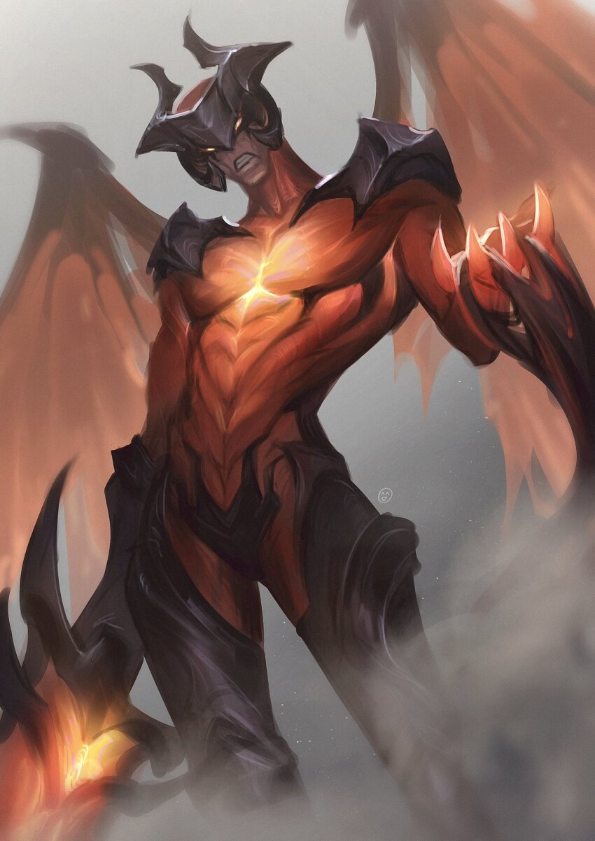 1boy aatrox clenched_teeth colored_skin cowboy_shot demon from_below frown glowing glowing_eyes glowing_skin glowing_sword glowing_weapon grey_background hand_up highres holding holding_sword holding_weapon horns kgynh league_of_legends looking_down male_focus outdoors red_skin smoke solo standing sword teeth weapon wings yellow_eyes