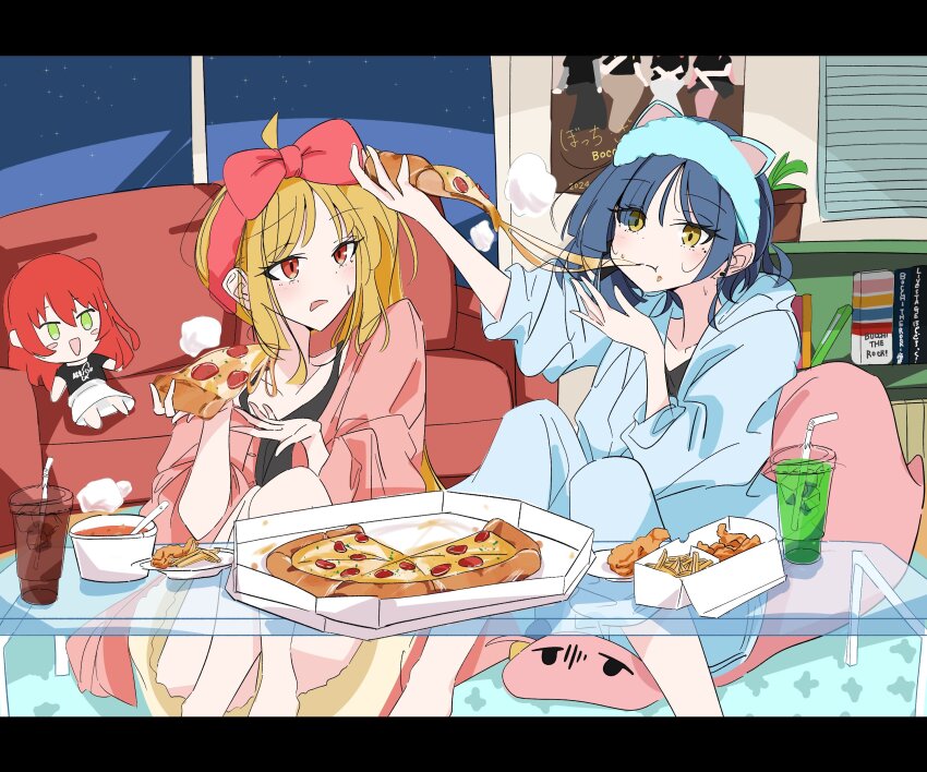 2girls absurdres ahoge animal_ears aqua_jacket aqua_pants black_shirt blonde_hair blue_hair bocchi_the_rock! book bookshelf bow character_doll cheese cheese_trail chicken_(food) chicken_leg couch crumbs cup doll dora_one7 drinking_straw earrings eating fake_animal_ears food gotoh_hitori gotoh_hitori_(tsuchinoko) hair_bow highres holding holding_food holding_pizza ijichi_nijika jacket jewelry kita_ikuyo long_hair medium_hair multiple_girls night night_sky open_clothes open_jacket open_mouth pants pink_jacket pizza pizza_box polka_dot polka_dot_bow red_bow red_eyes shirt side_ponytail sitting sky star_(sky) stud_earrings yamada_ryo