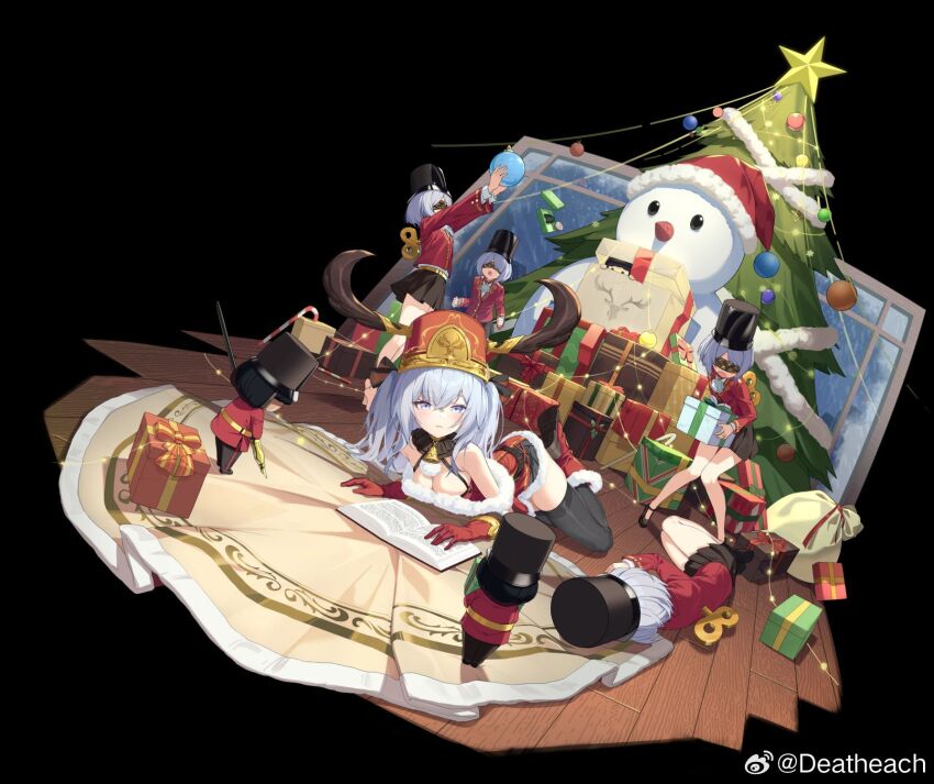 5girls antlers bag black_background black_skirt black_thighhighs blindfold blue_eyes christmas christmas_lights christmas_present christmas_tree deatheach dolce_(neural_cloud) gears gift girls&#039;_frontline girls&#039;_frontline_neural_cloud grey_hair hat highres horns looking_at_viewer lying maestoso_(neural_cloud) multiple_girls nutcracker official_art on_stomach pleated_skirt reindeer_antlers santa_hat scherzando_(neural_cloud) skirt snowman thighhighs tranquilo_(neural_cloud) undine_(neural_cloud) undine_(snowy_gala)_(neural_cloud) watermark weibo_username weibo_watermark wooden_floor