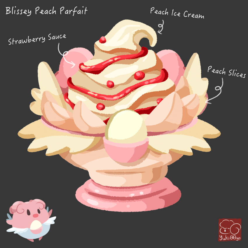 arrow_(symbol) artist_logo artist_name blissey character-themed_food character_name food food_focus food_name fruit game_freak gen_2_pokemon grey_background highres ice_cream logo nintendo no_humans parfait peach peach_slice pokemon pokemon_(creature) simple_background soft_serve strawberry_syrup yuki00yo