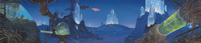 architecture blue_sky building city_lights crystal desert from_behind highres landscape liquid long_image machine machinery moebius mountain nature night original outdoors rock scenery science_fiction sky stasis_tank ufo vat very_wide_shot wide_image