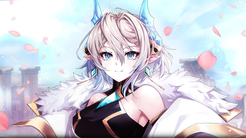 1girl armpit_crease armpits bare_shoulders black_shirt blue_eyes breasts coat collared_shirt crop_top crystal dragon_girl dragon_horns earrings fur_trim gold_trim grand_chase grey_hair highres horns jewelry medium_breasts medium_hair off_shoulder official_art open_clothes open_coat outdoors petals pointy_ears shirt sky sleeveless slit_pupils solo tiamat_(grand_chase) tsurime white_coat white_fur yellow_pupils