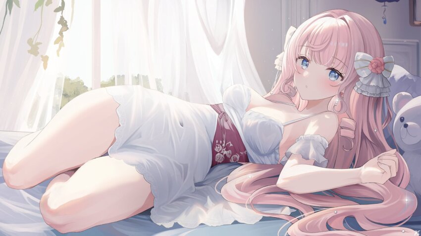 1girl blue_eyes bow breasts cleavage commission dress hair_bow himeno_aimu indie_virtual_youtuber kurage_cc long_hair medium_breasts on_bed pink_hair skeb_commission solo stuffed_animal stuffed_toy teddy_bear very_long_hair virtual_youtuber white_bow white_dress