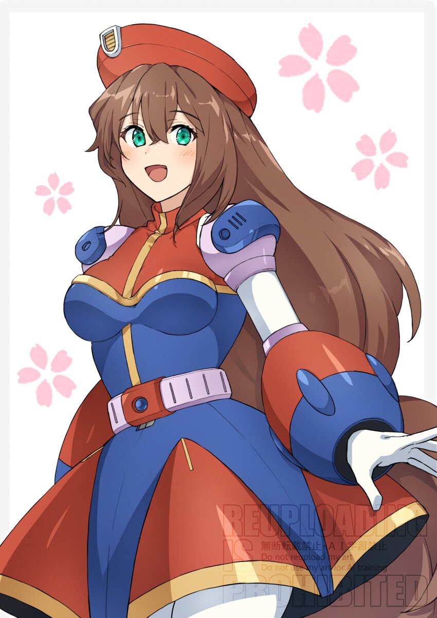 blue_dress blue_eyes brown_hair cowboy_shot dress hat highres iris_(mega_man) long_hair mega_man_(series) mega_man_x_(series) open_mouth red_dress red_hat simple_background smile tobitori watermark white_background