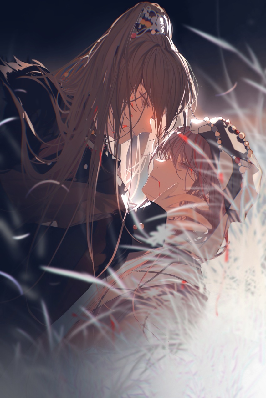 2boys absurdres backlighting beads black_background black_hanfu black_sleeves blood blood_from_mouth blood_on_face brown_eyes brown_hair chinese_clothes eye_contact face-to-face feng_xiaoyao from_side grass hair_tie hand_on_another&#039;s_head hanfu hat high_ponytail highres jinguang_budaixi long_hair long_sidelocks long_sleeves looking_at_another lying male_focus multicolored_hair multiple_boys on_back parted_lips ponytail profile red_eyes red_hair sidelocks sleeves_past_wrists streaked_hair swept_bangs teeth turkey223333 upper_body white_hanfu wuqing_zangyue yaoi
