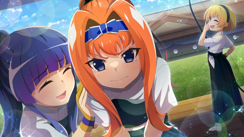 3girls :d ;d ^_^ archery archery_dojo black_hairband black_hakama black_scrunchie blonde_hair blue_bow blue_eyes blue_hair blue_hairband bow bow_(weapon) bow_hairband closed_eyes closed_mouth day dutch_angle fang furude_rika game_cg gloves hair_bow hair_intakes hair_ornament hair_scrunchie hairband hakama hand_on_another&#039;s_shoulder high_ponytail highres higurashi_no_naku_koro_ni higurashi_no_naku_koro_ni_mei holding holding_bow_(weapon) holding_weapon houjou_satoko houtani_nao indoors japanese_clothes kimono kyuudou lens_flare long_hair multiple_girls non-web_source official_alternate_hairstyle official_art one_eye_closed open_mouth orange_hair partially_fingerless_gloves partly_fingerless_gloves ponytail scrunchie short_hair short_sleeves single_glove smile socks sparkle standing tabi tears weapon white_kimono white_socks wooden_floor yugake yumi_(bow)