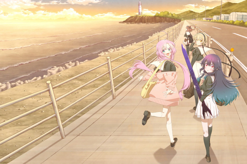 4girls :d ahoge akeuchi_yuu aqua_eyes arms_at_sides backpack bag black_hairband black_shirt blonde_hair blue_hair blush brown_hair closed_mouth copyright_name duplicate from_behind fujinomisaki_school_uniform full_body gradient_hair hair_bun hairband hand_in_own_hair highres holding_rocket hoshikuzu_telepath key_visual konohoshi_umika leg_up long_hair long_sleeves looking_at_viewer miniskirt multicolored_hair multiple_girls neck_ribbon off_shoulder official_art open_mouth orange_eyes outdoors parted_bangs parted_hair parted_lips pink_hair pink_ribbon pink_sweater pixel-perfect_duplicate pleated_skirt promotional_art raimon_matataki red_eyes ribbon rocket sailor_collar school_uniform shirt short_hair shoulder_bag skirt smile standing sweater takaragi_haruno two_side_up very_long_hair white_sailor_collar white_skirt