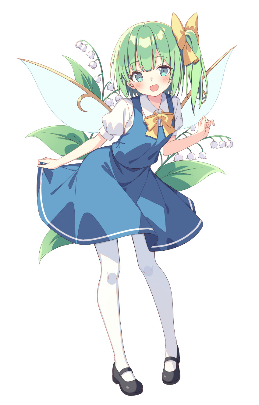 1girl absurdres black_shoes blue_eyes blush bow bowtie collared_shirt commentary daiyousei fairy_wings flower full_body green_hair hair_bow highres lily_of_the_valley looking_at_viewer mary_janes open_mouth pantyhose pigeon-toed puffy_short_sleeves puffy_sleeves setteiset shirt shoes short_sleeves simple_background smile solo touhou white_background white_flower white_pantyhose white_shirt wings yellow_bow yellow_bowtie