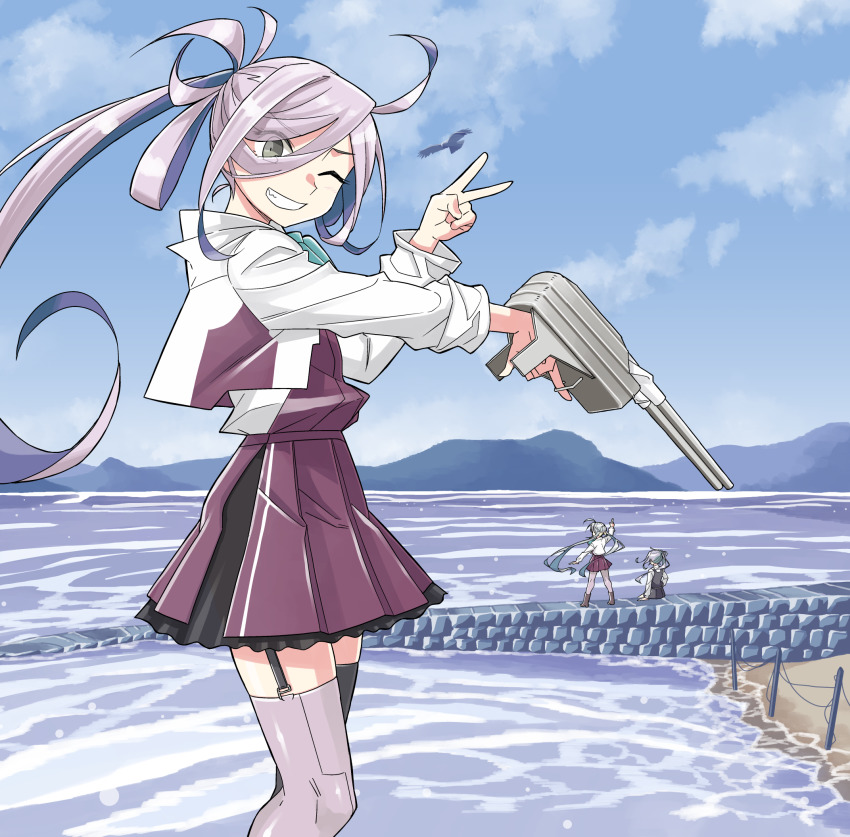 3girls asashimo_(kancolle) asashimo_kai_ni_(kancolle) cloud day dress garter_straps grey_eyes grey_hair grey_legwear grin hair_over_one_eye highres jacket kantai_collection kasumi_(kancolle) kasumi_kai_ni_(kancolle) kazh_(kazu) kiyoshimo_(kancolle) long_hair long_sleeves looking_at_viewer low_twintails mountain multiple_girls ocean one_eye_closed outdoors pantyhose ponytail purple_dress side_ponytail sitting sky smile thighhighs twintails v water