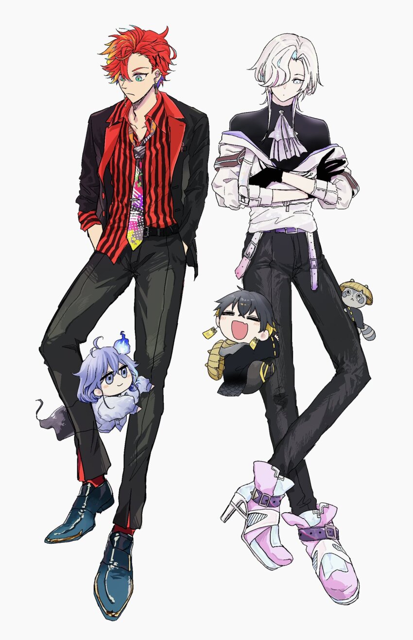 4boys :/ :d =_= ankle_boots antenna_hair aqua_eyes aqua_hair aqua_shoes ascot asymmetrical_bangs asymmetrical_sleeves belt belt_buckle black_belt black_gloves black_hair black_jacket black_necktie black_pants black_shirt black_suit blonde_hair boots buckle chibi closed_mouth collared_shirt colored_lapels crossed_ankles crossed_arms crossed_bangs dot_mouth dress_shoes earrings fang formal_clothes ghost gloves grey_hoodie hair_between_eyes hair_over_one_eye hands_in_pockets hat_on_back high_heel_boots high_heels highres hitodama hizaki_gamma hizaki_gamma_(1st_costume) holostars hood hoodie hugging_another&#039;s_leg jacket jewelry kaho_saka kotatsu_(yatogami_fuma) lapels leg_grab light_blush long_hair long_sleeves looking_at_another looking_down male_focus medium_hair minase_rio minase_rio_(1st_costume) multicolored_hair multicolored_necktie multiple_boys necktie notched_lapels off_shoulder open_clothes open_collar open_jacket open_mouth orange_hair pants pink_hair pink_shoes purple_ascot purple_belt purple_eyes purple_hair raccoon red_hair sandogasa shirt shirt_partially_tucked_in shoes short_hair side_part simple_background skin_fang sleeve_rolled_up smile streaked_hair striped_clothes striped_shirt suit suit_jacket turtleneck two-tone_hair uneven_sleeves uproar_(holostars) utsugi_uyu vertical-striped_clothes vertical-striped_shirt virtual_youtuber white_background white_eyes white_hair white_jacket yatogami_fuma